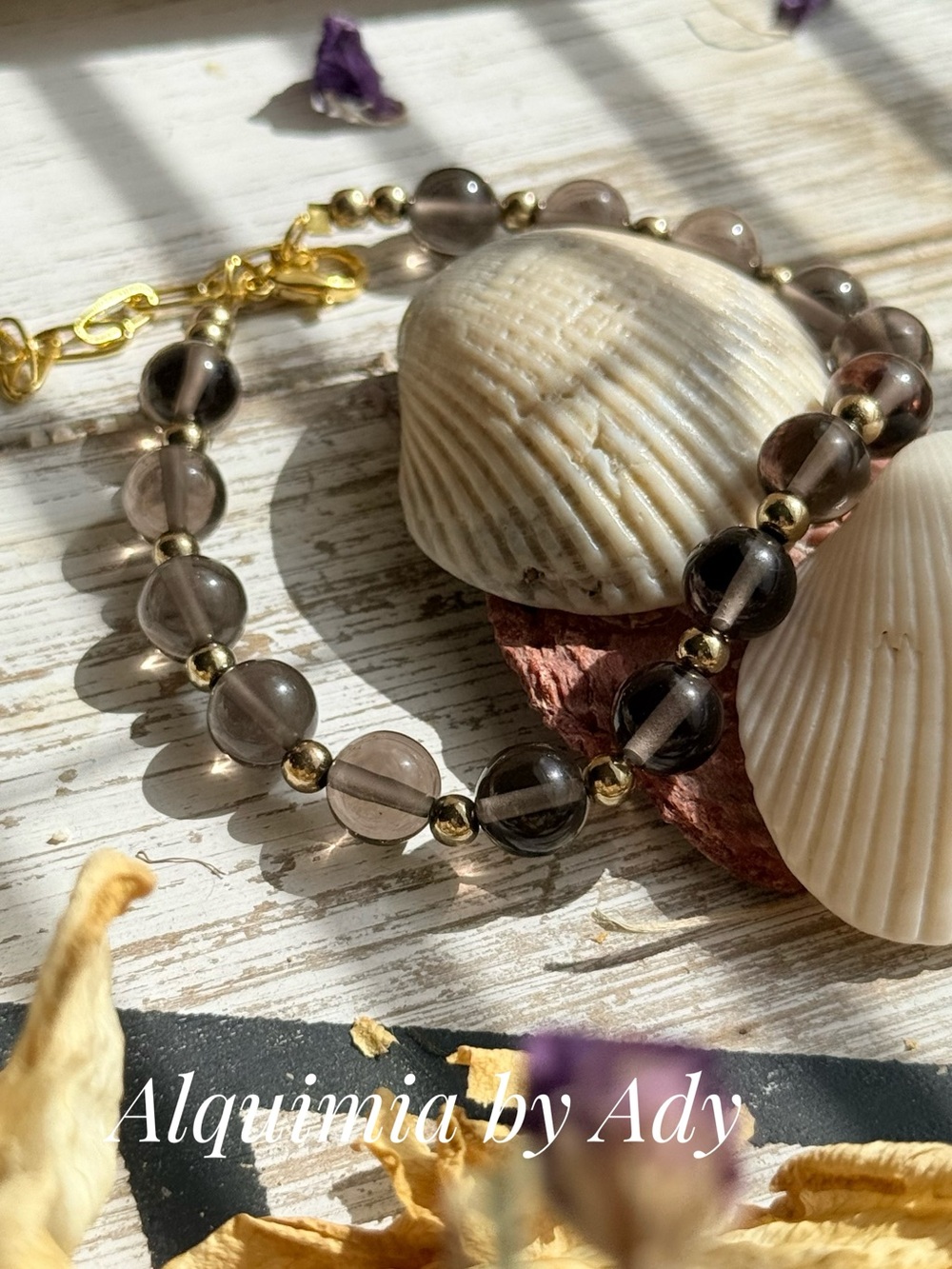 LUXURY + Summer + Smokey Quartz and gold  beaded bracelet